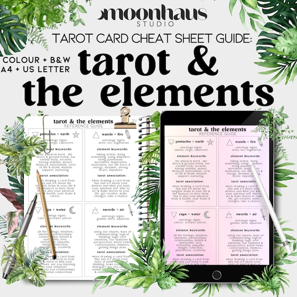 tarot cheat sheet guide: tarot & the elements | printable, downloadable | ipad digital | colour + bw | A4 US Letter |