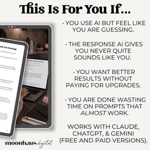 Informational graphic titled “This Is For You If…” describing common frustrations with AI tools like ChatGPT and Claude AI. The image explains that the guide helps users get more natural sounding responses, improve prompt builder skills, and stop wasting time on prompts that almost work.
