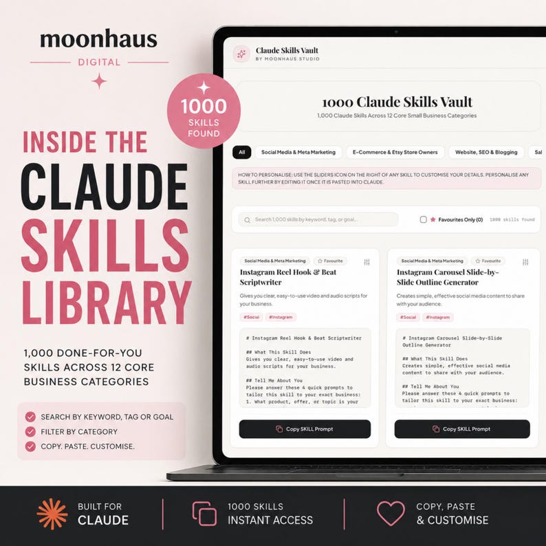 Puede incluir: Una interfaz de producto digital titulada Claude Skills Vault mostrada en una pantalla de port&aacute;til. La interfaz presenta una barra de b&uacute;squeda, filtros de categor&iacute;a y tarjetas para generadores de contenido con botones de copiar.