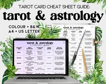 tarot & astrology cheat sheet | keywords, zodiac, planets, major arcana |printable, download, digital | colour + bw, A4 US Letter |