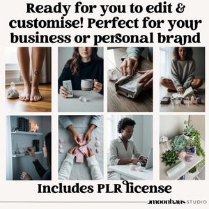 May include: A collection of images showcasing crystals, tarot cards, and lifestyle elements. Text reads: "Ready for you to edit & customise! Perfect for your business or personal brand. Includes PLR license." The moonhaus STUDIO logo is at the bottom.