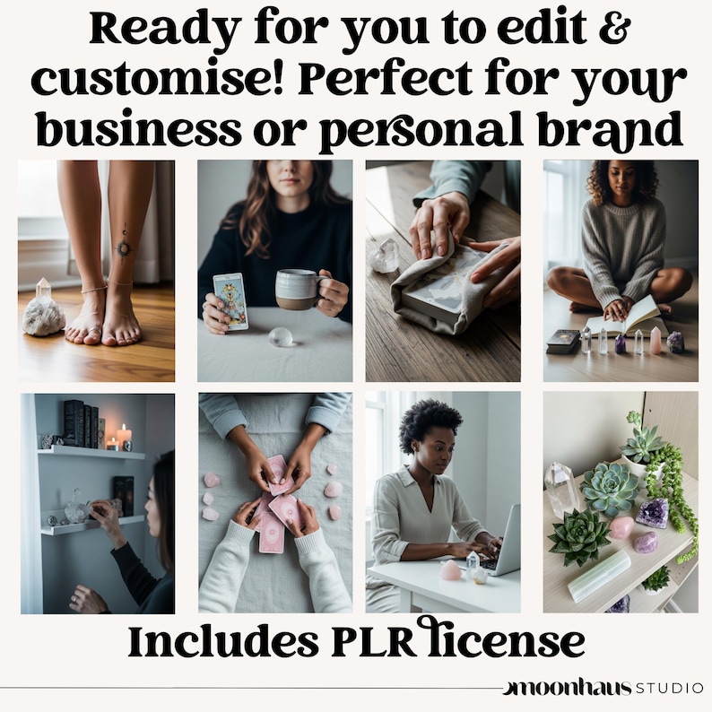 May include: A collection of images showcasing crystals, tarot cards, and lifestyle elements. Text reads: "Ready for you to edit & customise! Perfect for your business or personal brand. Includes PLR license." The moonhaus STUDIO logo is at the bottom.