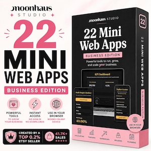 Promotional graphic for “22 Mini Web Apps Business Edition” by MoonHaus Studio featuring browser based web apps for digital products, business growth, and productivity.
