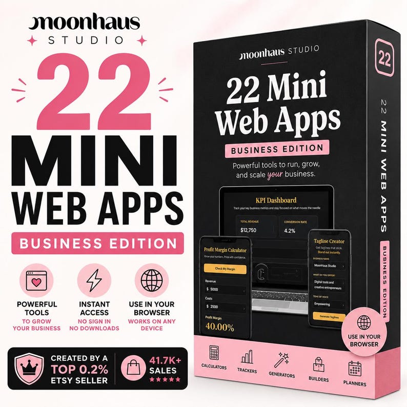 Promotional graphic for “22 Mini Web Apps Business Edition” by MoonHaus Studio featuring browser based web apps for digital products, business growth, and productivity.