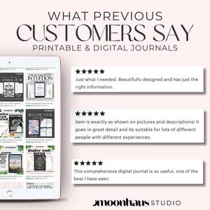 Customer reviews for digital products showing positive feedback on printable journals and instant download items. Designed for Etsy sellers building a small business with digital marketing and ai prompts. Highlights best selling items and trending products for those learning how to sell on Etsy.