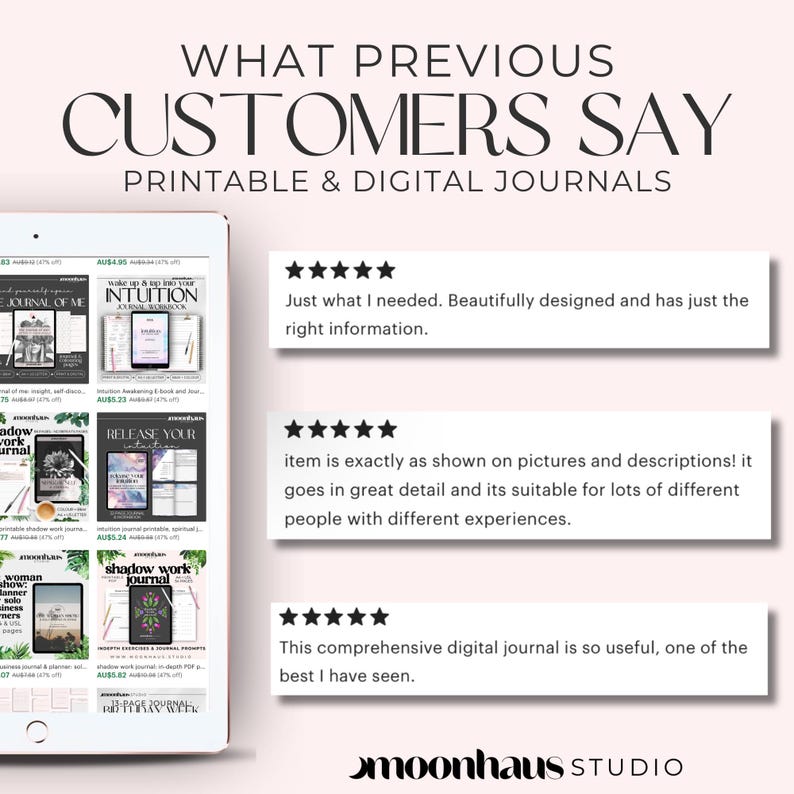Customer reviews for digital products showing positive feedback on printable journals and instant download items. Designed for Etsy sellers building a small business with digital marketing and ai prompts. Highlights best selling items and trending products for those learning how to sell on Etsy.