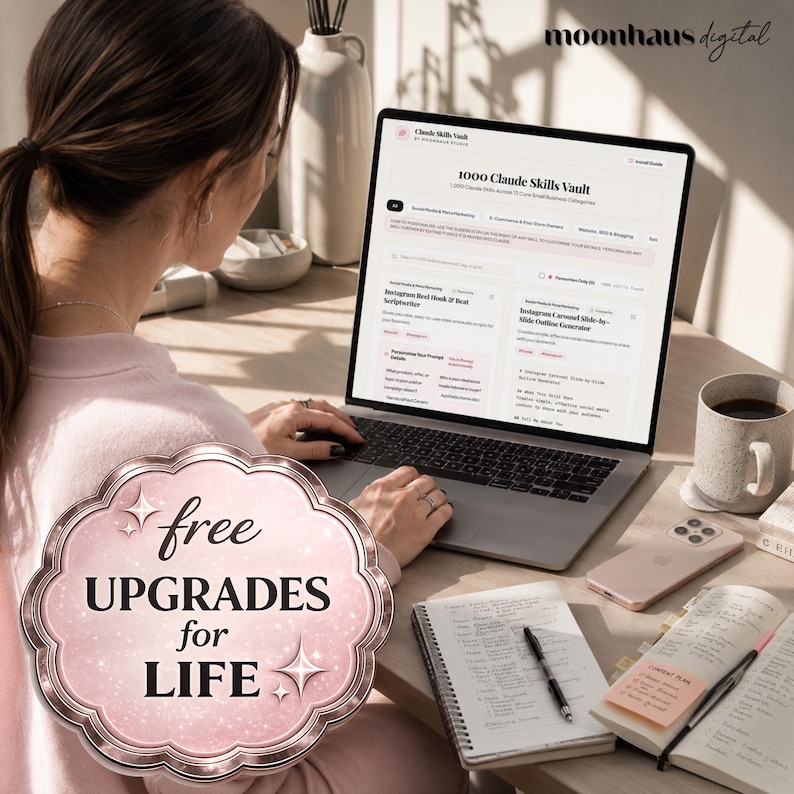 Puede incluir: Un ordenador port&aacute;til que muestra el sitio web 1000 Claude Skills Vault con una insignia rosa festoneada en primer plano con el texto free UPGRADES for LIFE. El espacio de trabajo incluye un cuaderno, un bol&iacute;grafo, un smartphone y una taza.