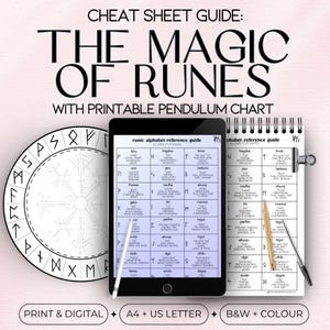 May include: A printable cheat sheet guide to the magic of runes, featuring a black and white circular rune chart and two reference guides, one in black and white and one in colour. The reference guides include the Elder Futhark alphabet, rune names, and meanings.