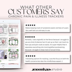 Customer review graphic highlighting positive feedback for chronic pain and illness trackers by Moonhaus Studio. Shown are migraine symptom trackers, PoTS tracker, and fibro & endo journals, with five-star reviews praising the layouts for making chronic pain tracking easier and more organized.