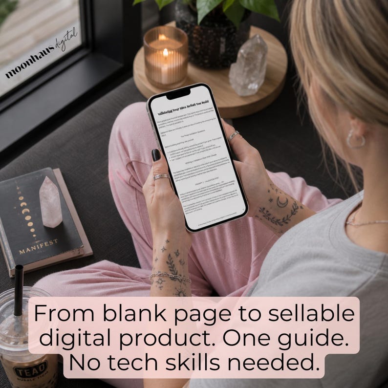 Phone mockup featuring digital product validation guide for beginners creating and selling digital products online. Ideal for Etsy sellers using Claude AI, ChatGPT prompt systems, and Canva to build a side hustle with instant download products and beginner-friendly ai prompts ebook strategies.