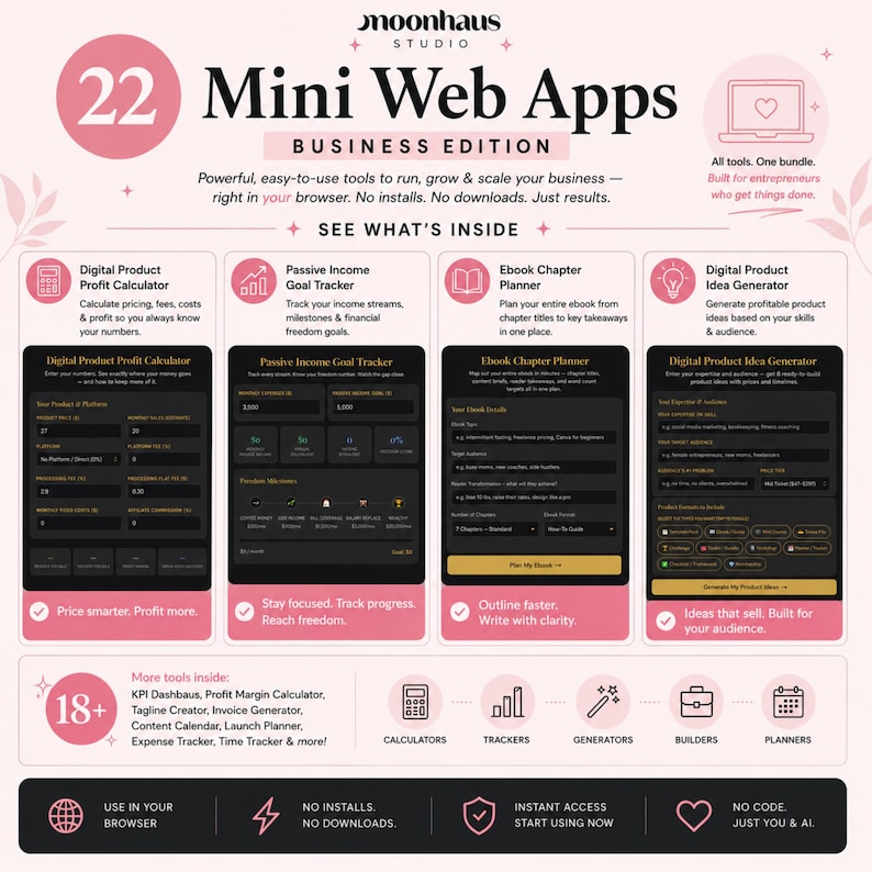 showing what four of the mini web apps look like. the interface is black and gold.