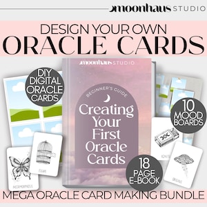 Op de afbeelding: Een mega-orakelkaartenpakket met een beginnersgids getiteld "Creating Your First Oracle Cards". De afbeelding bevat digitale orakelkaarten, moodboards en een e-book van 18 pagina's. De kaarten bevatten illustraties en de tekst "Metamorphosis", "Escape", "Ignite" en "Origins".