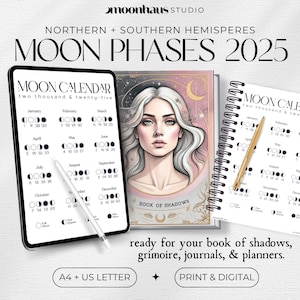 Calendário e planejador de fases lunares de 2025 para o Livro das Sombras com o Hemisfério Sul. Página de diário digital para impressão.
