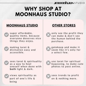 May include: A promotional graphic for Moonhaus Studio, highlighting the benefits of shopping there. The text reads "WHY SHOP AT MOONHAUS STUDIO?" and lists advantages like affordable items and accessible tarot, contrasting with other stores.