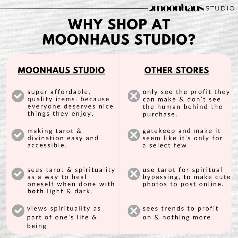 May include: A promotional graphic for Moonhaus Studio, highlighting the benefits of shopping there. The text reads "WHY SHOP AT MOONHAUS STUDIO?" and lists advantages like affordable items and accessible tarot, contrasting with other stores.