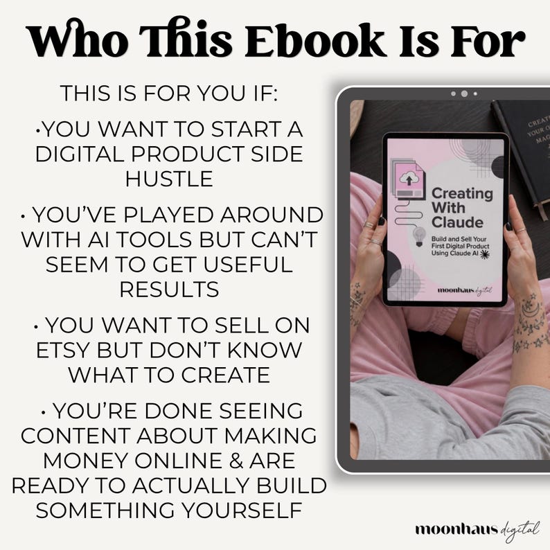 Who this ebook is for graphic aimed at beginners wanting to create digital products and sell on Etsy. Ideal for Etsy sellers exploring Claude AI, ChatGPT prompt workflows, plr digital products, and make money online strategies through an instant download side hustle business.