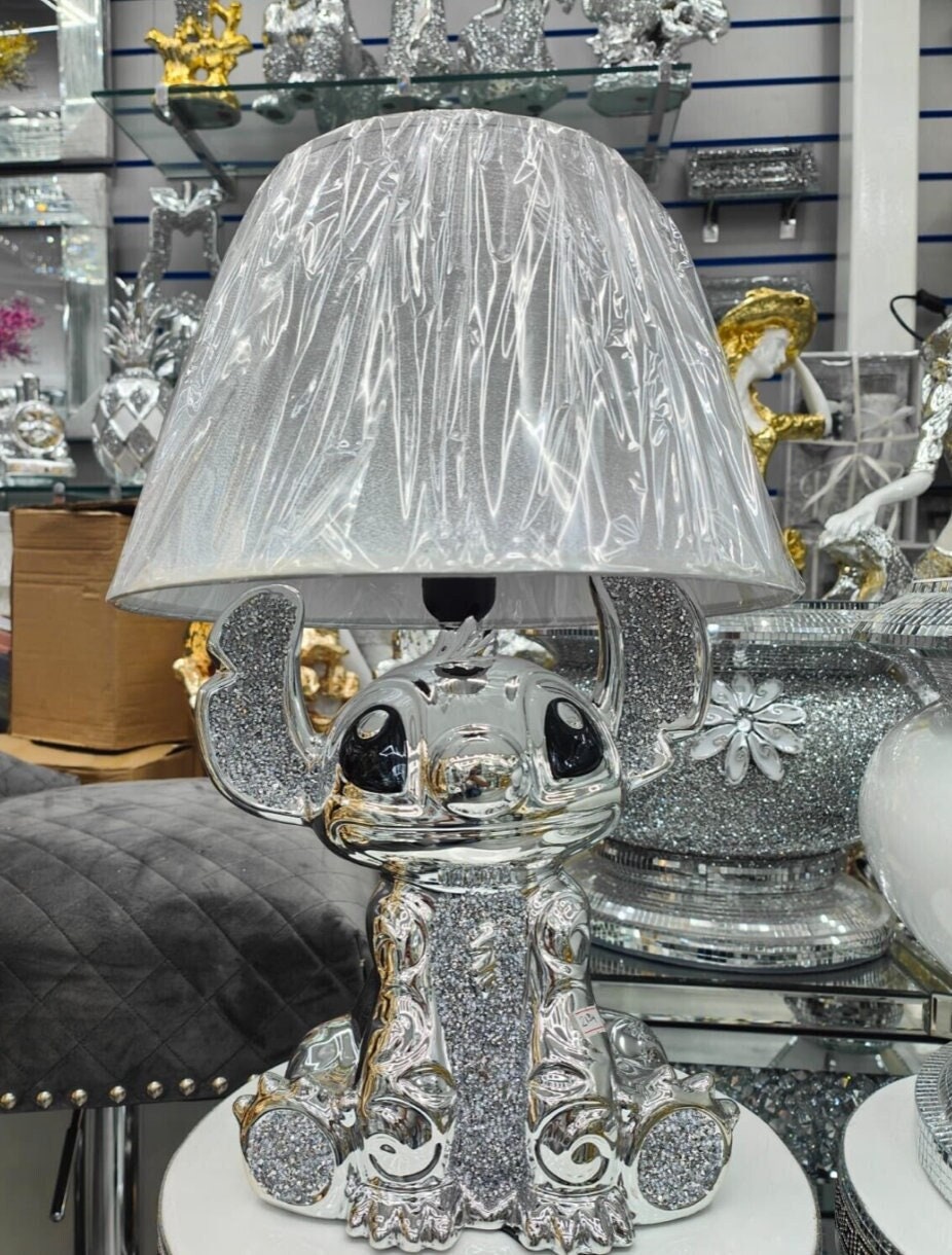 XL Sparkly Bling Silver Crushed Diamond Silver Stitch Table Lamp With Shade  Ceramic Base 