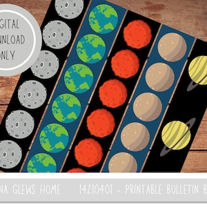 May include: Printable bulletin board borders featuring a repeating pattern of planets and moons. The borders are black with a blue stripe and feature images of the moon, Earth, Mars, and Jupiter.