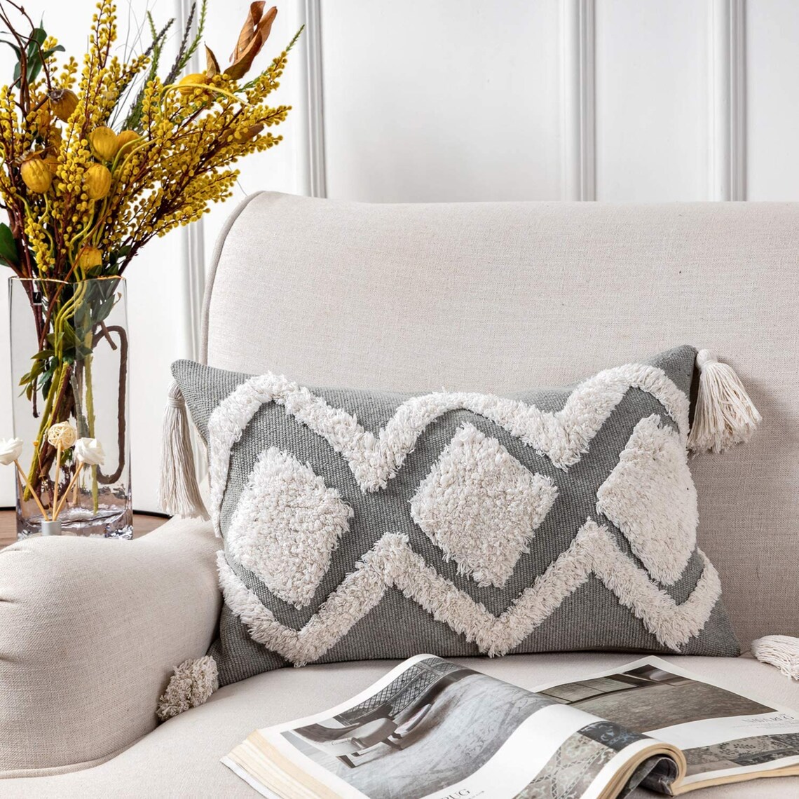 Boho Tufted Throw Pillow Cover with Tassel Cotton Woven Etsy