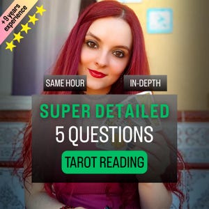 Puede incluir: Un anuncio de servicio de lectura de tarot con el texto +9 years experience, SAME HOUR, IN-DEPTH, SUPER DETAILED, 5 QUESTIONS y TAROT READING. La imagen muestra a una persona con cabello largo y rojo sosteniendo un mazo de cartas de tarot.