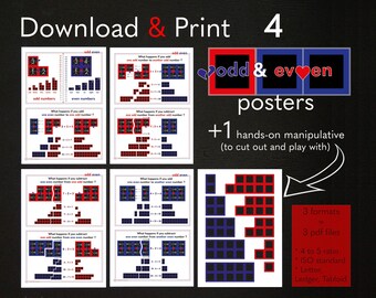 Números pares e impares/Descubrimiento de reglas de suma y resta/4 carteles educativos + un manipulador matemático práctico/Paridad de números