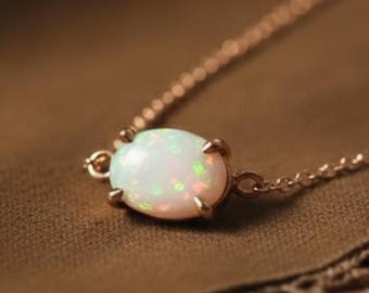 Oval Opal Necklace Rose Gold Dainty Minimalist Pendant October Birthstone Women Fire Opal Necklace Unique Gift for Her Everyday Gold Chain