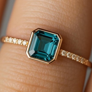 Dainty Topaz Diamond Ring Women, Topaz Ring Gold, Square Cut Blue Topaz Ring, Square Diamond Ring, Topaz Ring Set, Gift For Her
