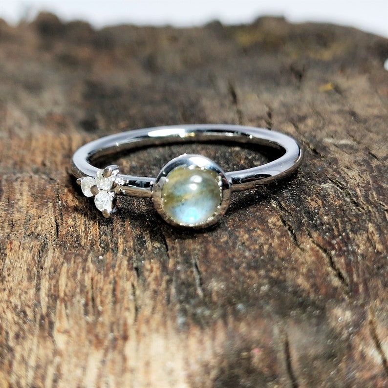 Dainty Ring Tiny Ring Proposal Ring-Gift For Her Natural Rainbow Moonstone Ring-Round Shape Gemstone Sterling Silver Ring Solitaire Ring