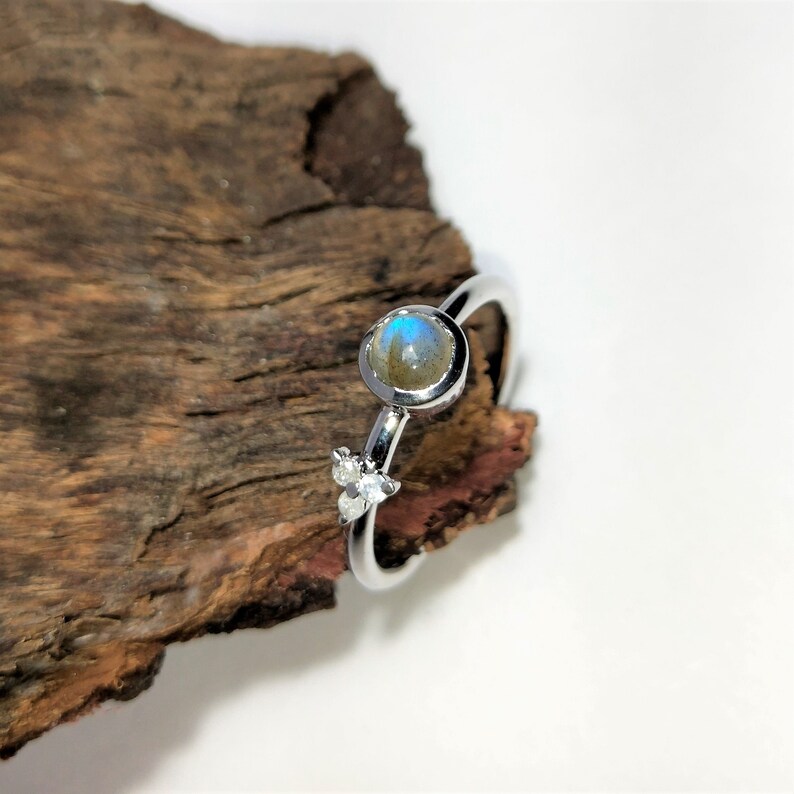 Dainty Ring Tiny Ring Proposal Ring-Gift For Her Natural Rainbow Moonstone Ring-Round Shape Gemstone Sterling Silver Ring Solitaire Ring