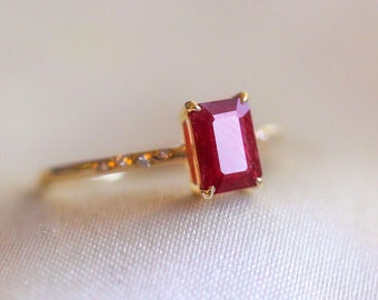 Ruby Stacked Ring, Ruby Ring, Emerald Cut Ruby Ring, 14k Yellow Gold Ring, Sterling Silver Ring, Gift For Her
