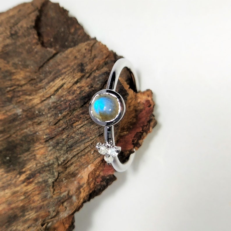 Dainty Ring Tiny Ring Proposal Ring-Gift For Her Natural Rainbow Moonstone Ring-Round Shape Gemstone Sterling Silver Ring Solitaire Ring