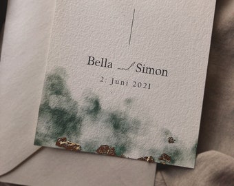 Wedding Invitation A6 Dark Green Watercolor + Gold Leaf | Save the Date Card | Personalized Wedding Ceremony 2026