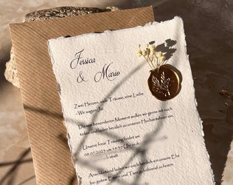 Einladung A6 aus handgeschöpftem Büttenpapier mit Schleierkraut I Siegelwachs gold