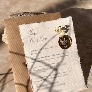 Invitation A6 made of handmade paper with gypsophila I gold sealing wax