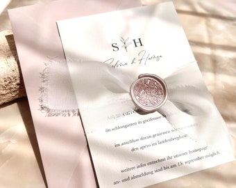 Carte d'invitation Pink Blush DIN A6 avec ruban de soie scellé et enveloppe I mariage