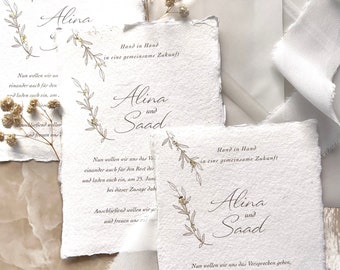 Handmade paper invitation with golden branch DIN A6 | Gold leaf
