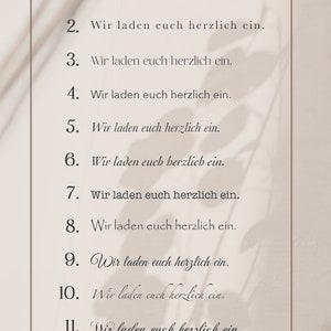 May include: A list of 13 numbers with the text "Wir laden euch herzlich ein." repeated in different fonts and sizes. The text is in German and translates to "We invite you warmly."