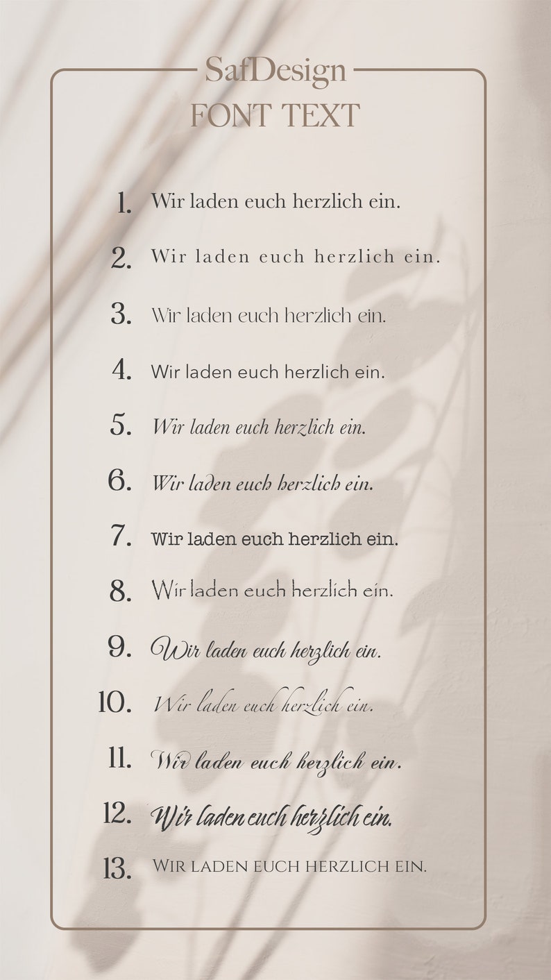 May include: A list of 13 numbers with the text "Wir laden euch herzlich ein." repeated in different fonts and sizes. The text is in German and translates to "We invite you warmly."