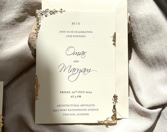 Golden Cream Elegant invitation with gold leaf I Wedding I Save the Date