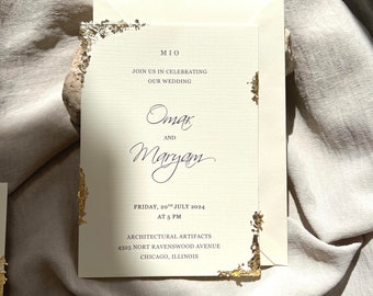 Invitation élégante crème dorée avec feuille d'or I Mariage I Save the Date