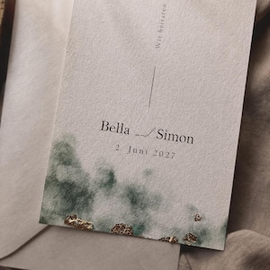 Wedding invitation A6 dark green watercolor + gold leaf | Save the Date card | Personalized wedding 2026