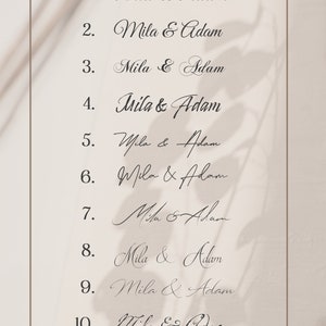 May include: A list of 12 different font styles for the names Mila & Adam. The font styles are written in cursive.