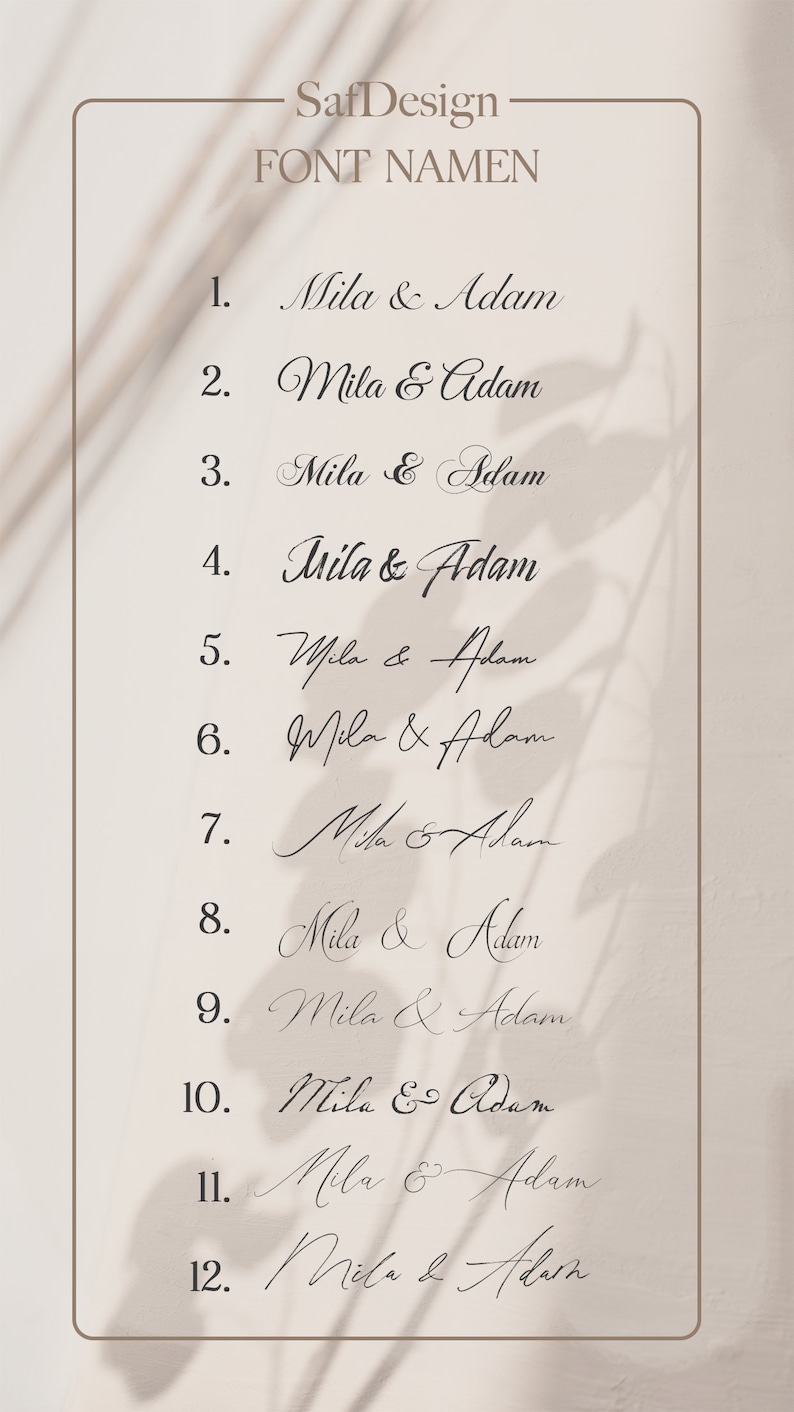 May include: A list of 12 different font styles for the names Mila & Adam. The font styles are written in cursive.