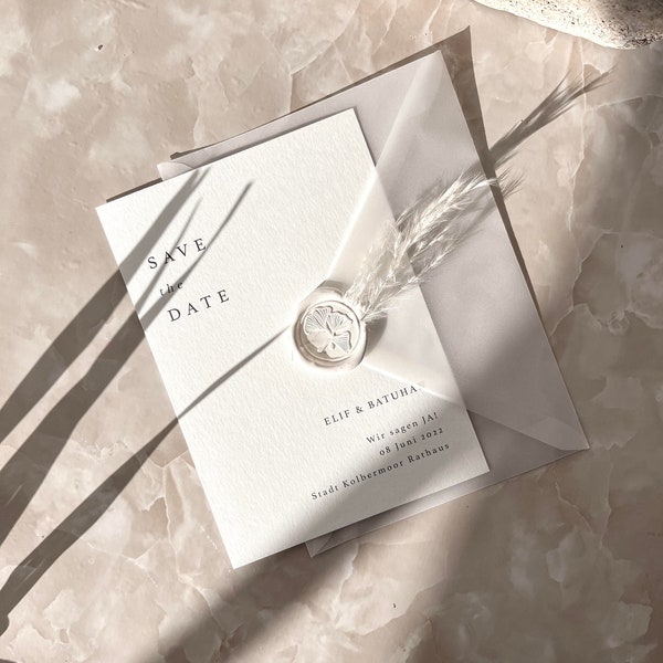 Minimalistische Save The Date Karte I White Flower I Hochzeit, Einladung, Trauung I Transparente Umschläge