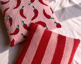 Handmade Punch Needle Pillow Cover Set: Red Pepper & Striped Cushion