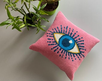 Handmade Tufted Evil Eye Pillow Cover: Cotton Throw Pillow (16x16 inch)
