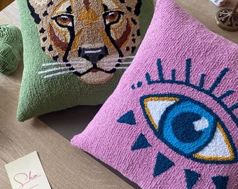 Handmade Punch Needle Pillow Cover Set, Cheetah Evil Eye Boho Cushion, 18x18 Inches