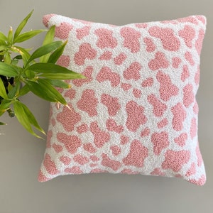 Handmade Punch Needle Pillow Cover: Pink Cow Print Cotton Cushion