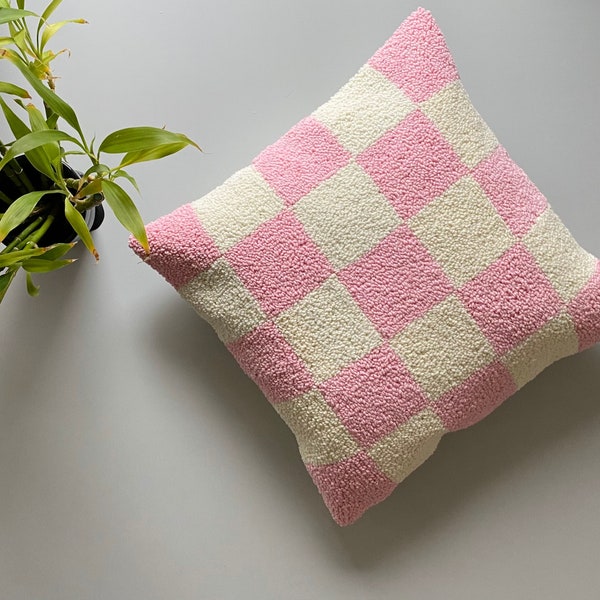 Handmade Punch Needle ' Chess Pattern ' Pillow Cover, Cushion Cover , Checkered Pillow , Pillow Covers 16x16 , Minimalist Decor