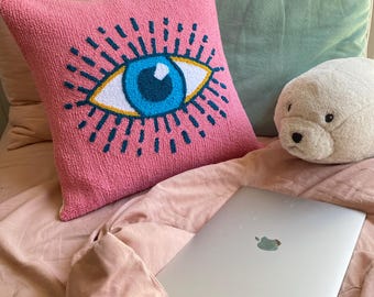 Handmade Punch Needle 'Evil Eye' Pillow Cover , Cotton Throw Pillow 16x16 18x18 Home for Gift